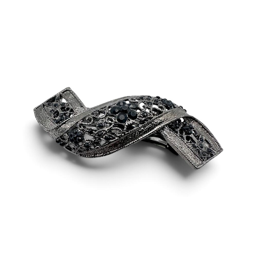 Vintage Dark Silver Tone Filigree Rhinestone Hair Barrette Openwork Hair Clip